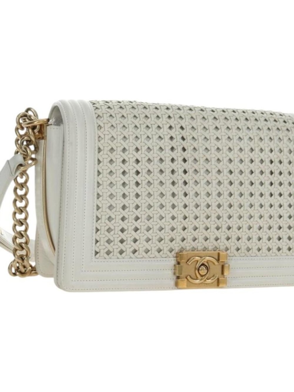 CHANEL Chain Boy Chanel Shoulder Bag Leather White Gold CC Auth ka4428V